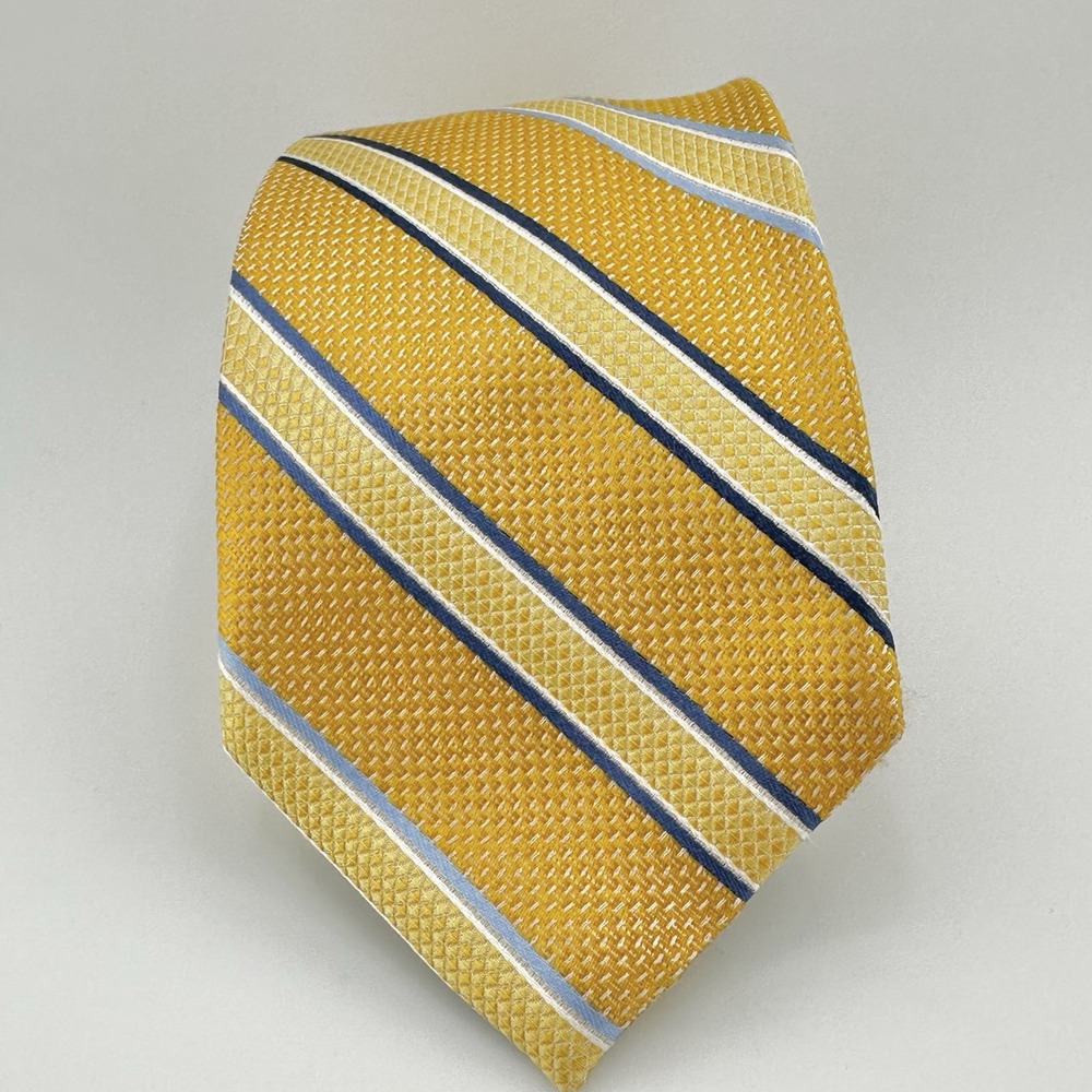 Pronto Uomo Platinum Gold Blue Striped‎ Tie Men's 100% Silk Handmade - Excellent
